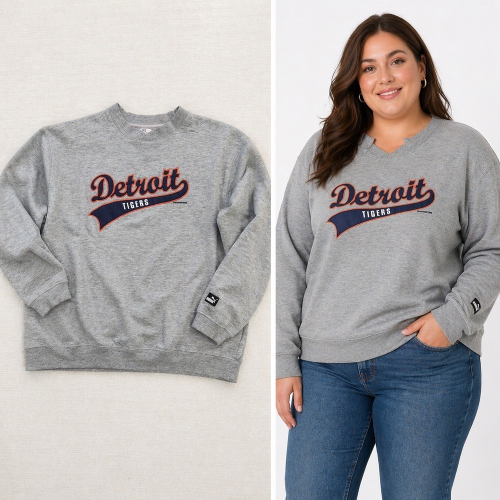 Puma Detroit Tigers Sweatshirt XL Gray VTG 2006 MLB Crewneck Pullover Notched